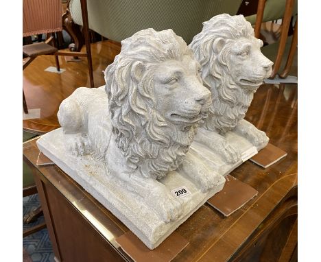 PAIR OF SMALL LAYING LIONS - GARDEN STATUE
