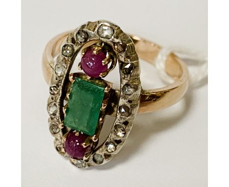 9CT GOLD EMERALD RUBY &amp; DIAMOND RING - SIZE O/P - 3.6 GRAMS APPROX