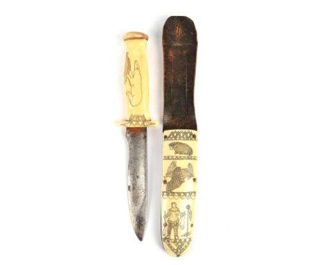 λAn Inuit hunting knife and sheath Alaska walrus ivory, baleem, steel and leather, scrimshaw decorated a hunter, walrus, pola