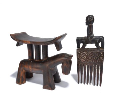 A Tsonga zoomorphic headrest Zimbabwe the carved horse base with three supports to the curved top with lifts and carved trian
