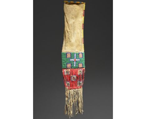 A Lakota pipe bag Plains hide, coloured glass beads and dyed quill with geometric designs, cloth and tassels, with two labels