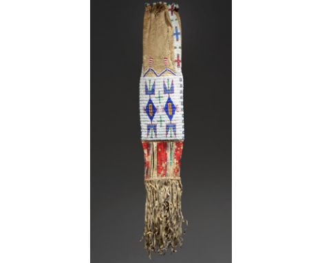 A Lakota pipe bag Plains buckskin, coloured glass beads and dyed quill, the main beaded panels with differing geometric decor