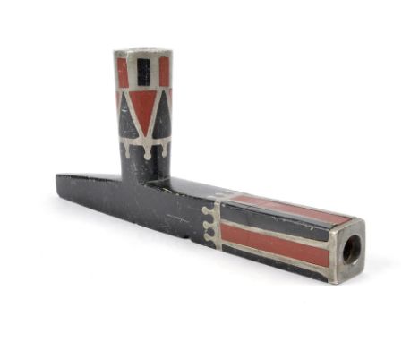 An Ojibwe pipe bowl Great Lakes, Northeast steatite, catlinite and lead, late 19th century, 21.3cm long. Provenance John and 