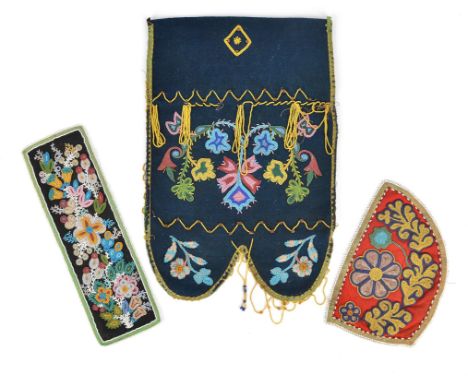 An Athapaskan beaded panel Subarctic with a foliate design on red cloth with a silk border, 25.5cm long, a Chippewa floral be