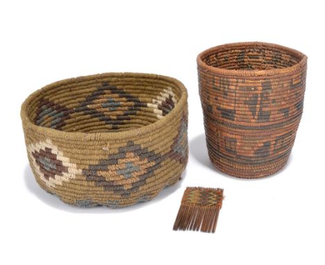 A Chancay small comb Peru with dyed woven fibre of zig-zag design, 5.5cm long, a Bolivian woven reed basket, with geometric b