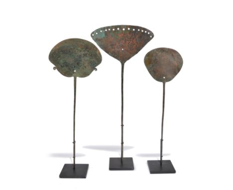 Three large cloak pins tupu Central and South America copper, with differing pierced heads, each with a painted inventory num