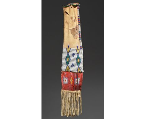 A Sioux pipe bag Plains hide with coloured glass beads and dyed quill, with geometric designs, with a fringe, 78cm long. Prov