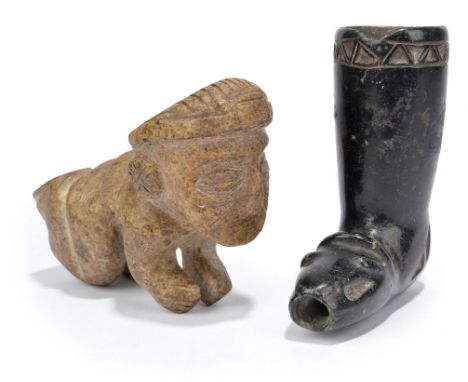 A stone pipe bowl Central / South America with serpent end and triangle border, 10.6cm high, and a carved stone kneeling star