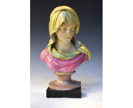 19th Century Staffordshire polychrome decorated bust of The Virgin bearing applied paper label 'From the collection of R. Sod