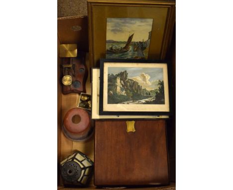 Victorian mahogany writing slope, pair of vintage brass postage scales, light shades and collection of prints   Condition: 