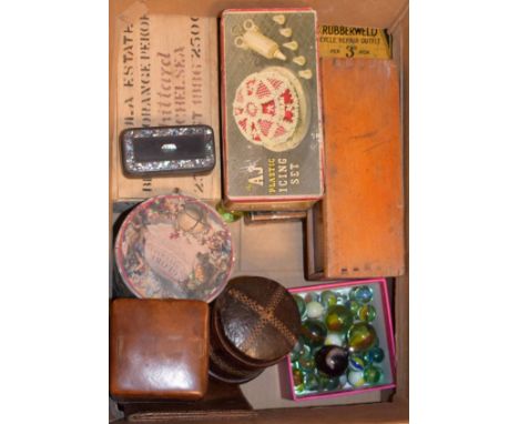 Quantity of interesting miscellanea comprising: mainly boxes, some marbles, papier-mâché and mother-of-pearl inset snuff box 
