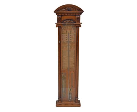 Late 19th Century oak cased Admiral Fitzroy's Barometer, the arched cornice having carved decoration with a dentil frieze bel