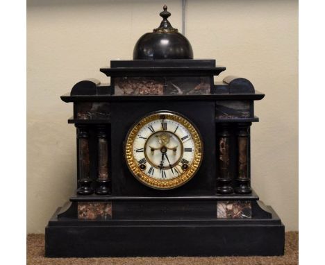 Late 19th Century black slate and marble cased architectural style mantel clock, the off-white dial with Roman numerals and v