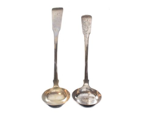 George IV silver sauce ladle, Glasgow 1820 and one other similar, Edinburgh 1820, both with engraved monogram, approx 1.8oz  