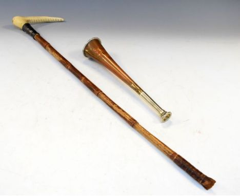 Vintage copper and nickel plated hunting horn by Callow & Son of London, together with a silver mounted antler handled riding