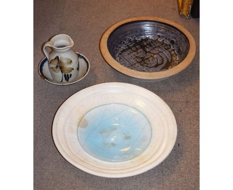 John Dunn - Studio Pottery - Shallow bowl having raku glaze with pale blue interior, 49cm diameter, together with Brian Newma