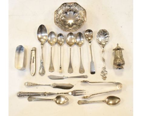 Edward VII pierced silver octagonal bon bon dish, Sheffield 1904, together with a quantity of silver and white metal flatware