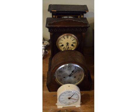 Three mantel clocks and a Smiths metal cased timer   Condition: 