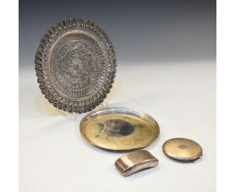 George VI silver circular compact with monogram, Birmingham 1940, white metal filigree circular dish, a white metal circular 