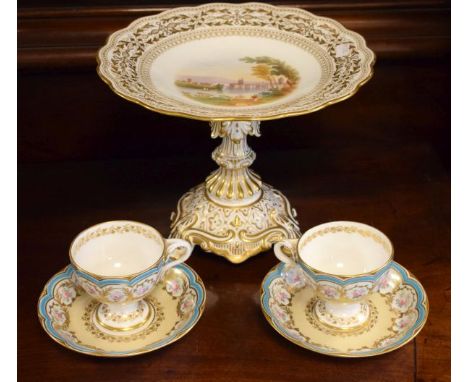 19th Century English porcelain comport having central painted decoration depicting a figure standing on a river bank, allover