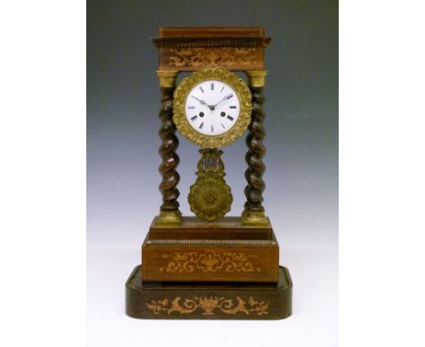 19th Century French marquetry inlaid rosewood portico clock having a stepped pediment, simulated rosewood barley twist pillar