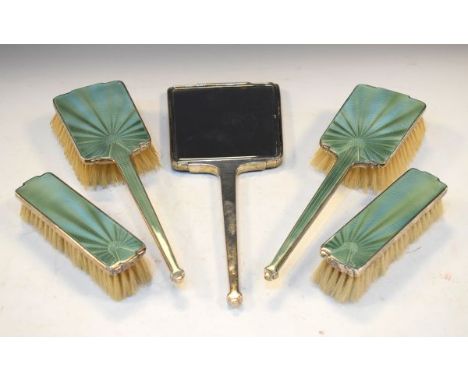 George V silver five piece engine turned pale green enamel decorated brush set, Birmingham 1933/34   Condition: 
