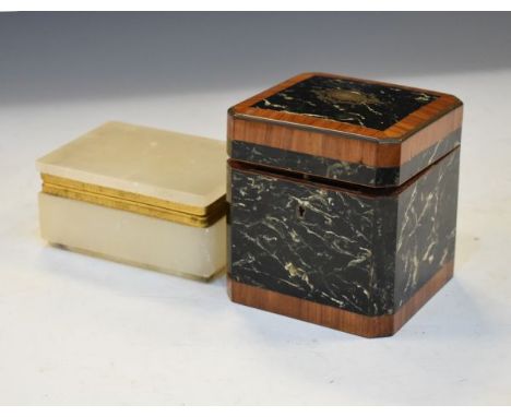 Rosewood and marbled effect tea caddy having hinged cover together with a white hardstone rectangular box with hinged cover h