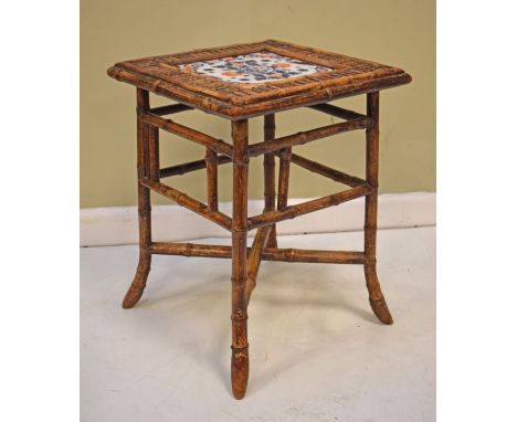 Late 19th/early 20th Century square bamboo occasional table, inset with a japan pattern ceramic tile   Condition: 