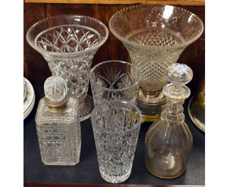 Quantity of cut glass vases, a cut glass decanter having silver collar and one other decanter   Condition: 