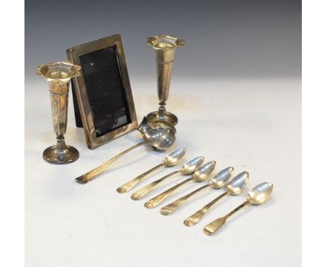 Pair of George V silver octagonal spill vases, Birmingham 1912, a rectangular George V silver mounted photo frame, Birmingham