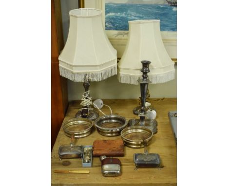 Three wine coasters, silver plated candlestick converted to table lamps and a small quantity of silver plated items etc   Con