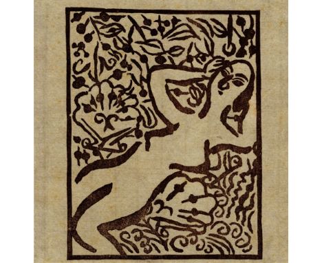 Artist: Shiko Munakata (Japanese, 1903-1975). Title: "Female Nude in Garden II". Medium: Color woodcut in brown ink. Date: Co