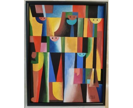 Artist: Carlos Merida (Guatemalan/Mexican, 1891 - 1984). Title: "Cinco Huicholes". Medium: Acrylic on paper. Date: Composed 1