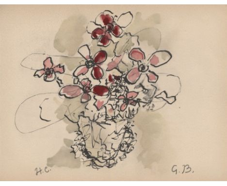 Artist: Georges Braque (French, 1882 - 1963). Title: "Fleurs rouges". Medium: Original hand-colored gouache pochoir on collot