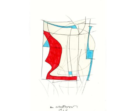 Artist: Ben Nicholson [par/imputée] (English, 1894 - 1982). Title: "Composition 1966 - Blue &amp; Red". Medium: Watercolor an