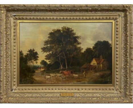 Artist: Thomas Gainsborough [imputée] (English, 1727 - 1788). Title: "Wooded Landscape with Dwellings, Drover, Farm Animals".