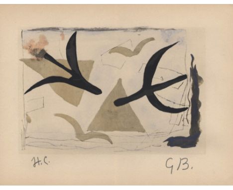 Artist: Georges Braque (French, 1882 - 1963). Title: "Oiseaux (Etude)". Medium: Original hand-colored gouache pochoir on coll