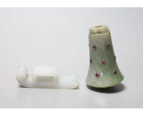 A Chinese jade sword slide, 4.8cm and a Mughal style gem mounted cane handle, 5cm
