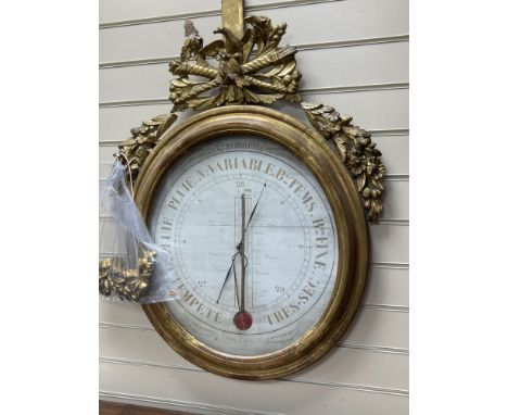 A 19th century French carved giltwood barometer / thermometer, width 68cm, height 92cm