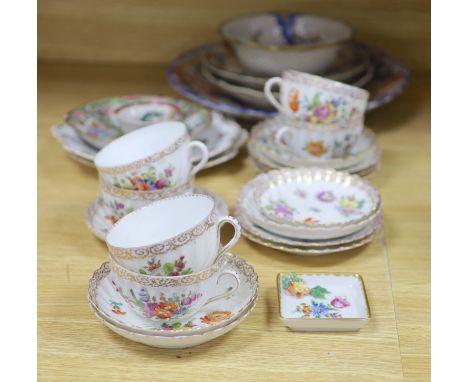 A group of Dresden tea wares and plates, a cloisonne enamel bowl , Cantonese and Imari dishes etc.