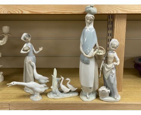 Three Lladro figures and two Nao figures