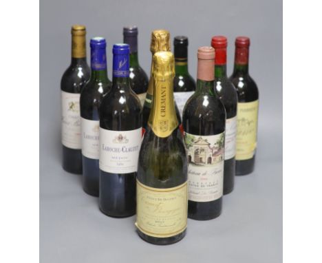 Eight assorted wines including Chateau Batailley 1994, one NV Champagne and one sparkling wine.