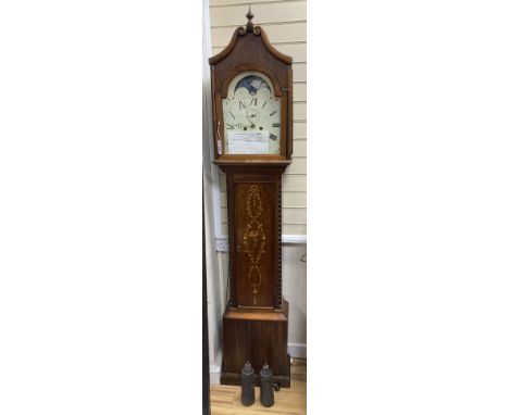 A 19th century and later inlaid mahogany longcase clock with printed dial, height 208cm