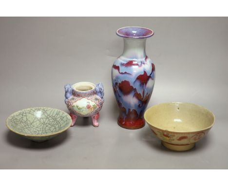 Four Chinese ceramic items, including a vase, censer and two bowls, Qing period and later., tallest 25cm