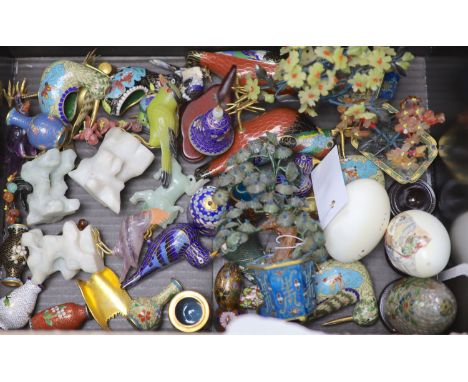 A group of Chinese cloisonne enamel and hardstone models of birds, plants and eggs, etc. largest 14.5cm