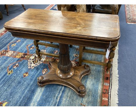 A Victorian rosewood folding card table, width 90cm, depth 45cm, height 75cm