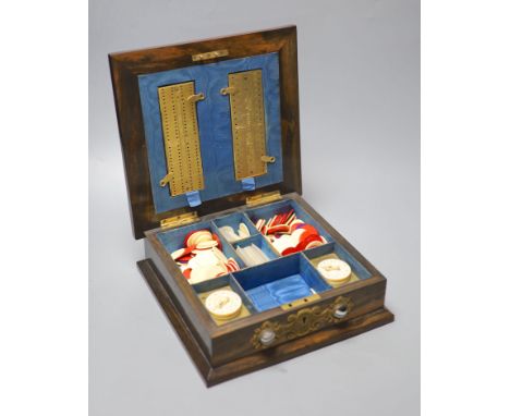 A Victorian coromandel, brass and agate mounted bezique games box, 24.5cm, containing bone and mother of pearl counters, two 