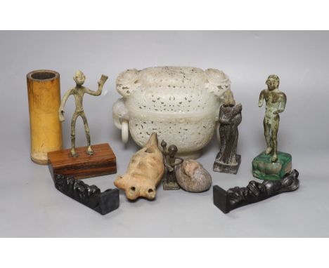 A Chinese jade censer and cover and various sculptures