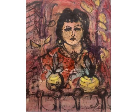 Modern British, mixed media, Portrait of a lady at a window, monogrammed 'C.R.' and dated 1955, 42 x 33cm