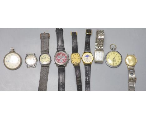 Seven assorted wrist watches including two Timex and an Omnia and two pocket watches.